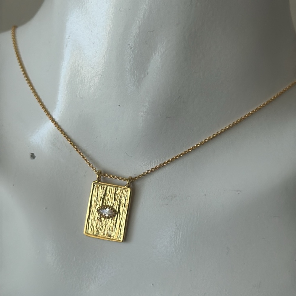 Unique Evil Eye Square Gold Plated Sterling Silver 925 Textured Pendant Necklace